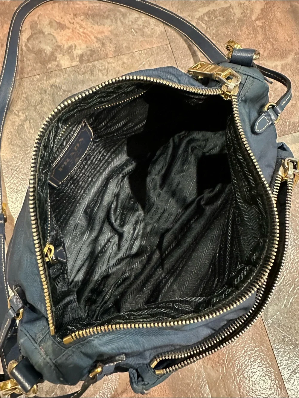 Prada Navy Blue Nylon Hobo with Gold Hardware